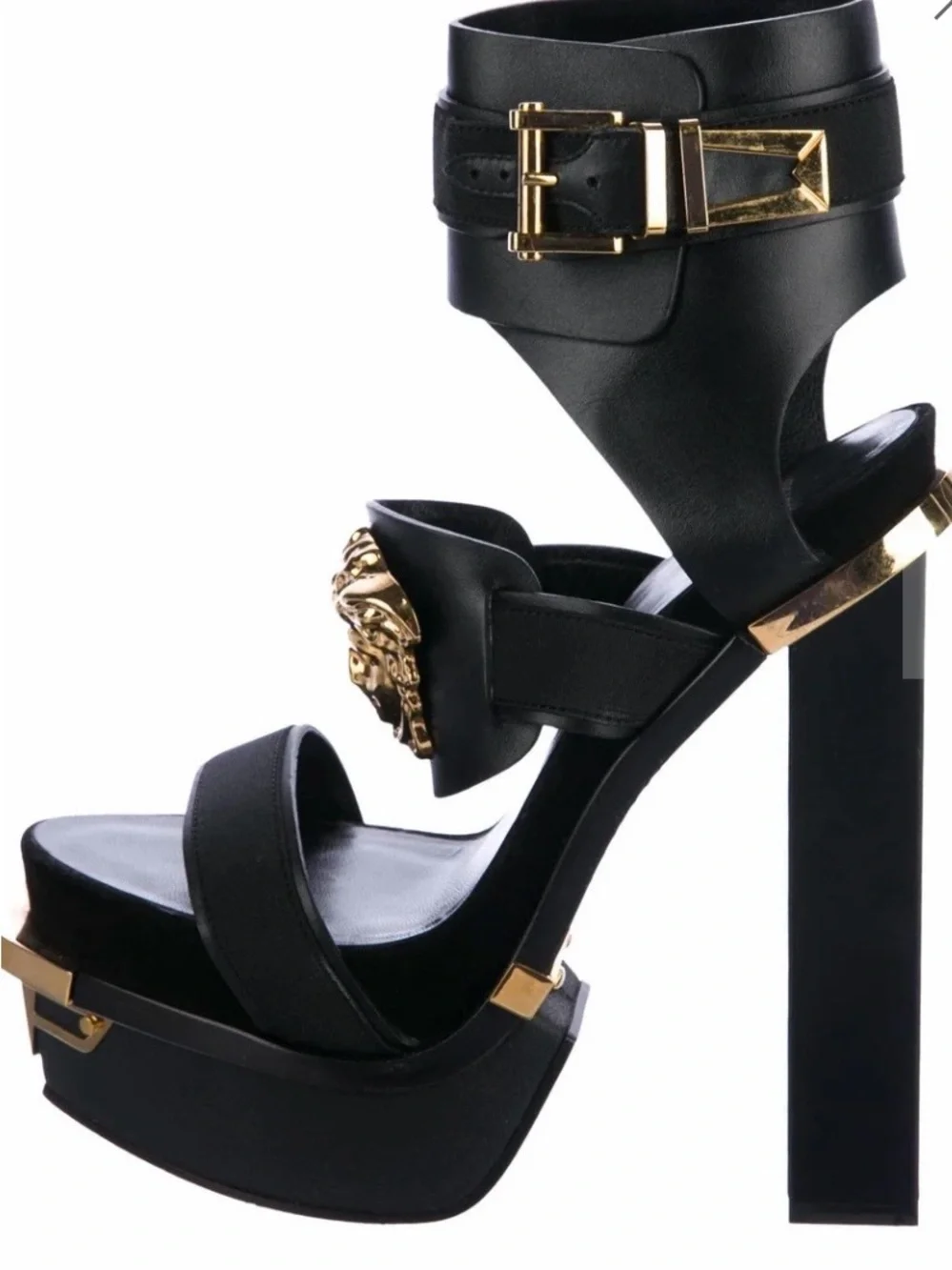 Versace Black Platform Heels with Gold Medusa Plaques
